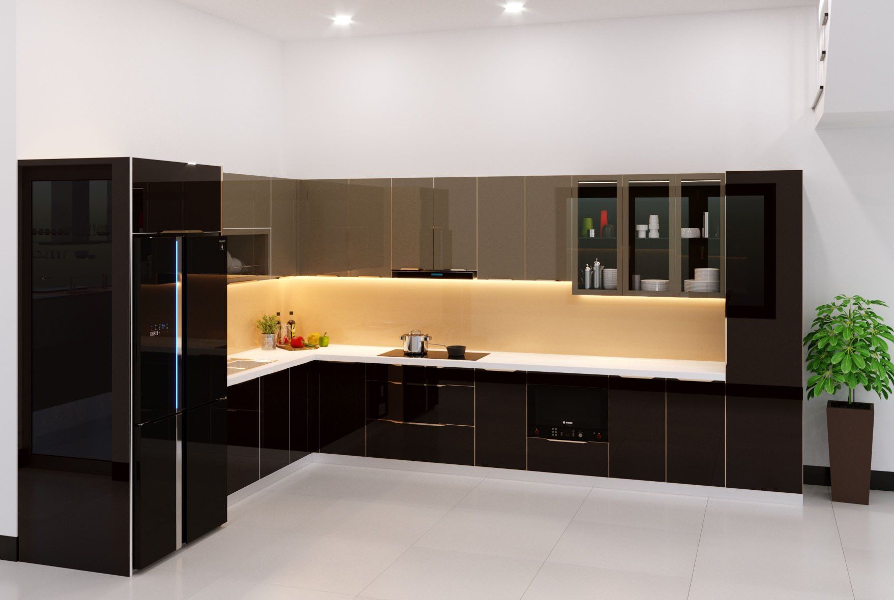 tủ bếp nhôm cánh kính luxury
